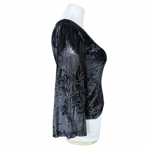 Lolly Pops & Roses Black Crushed Velour Embroidered 3/4 Sleeve Blouse - Large - Picture 4 of 16